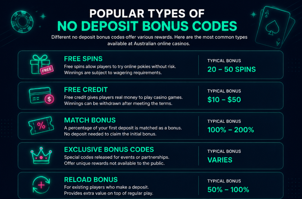 Popular Types of No Deposit Bonus Codes